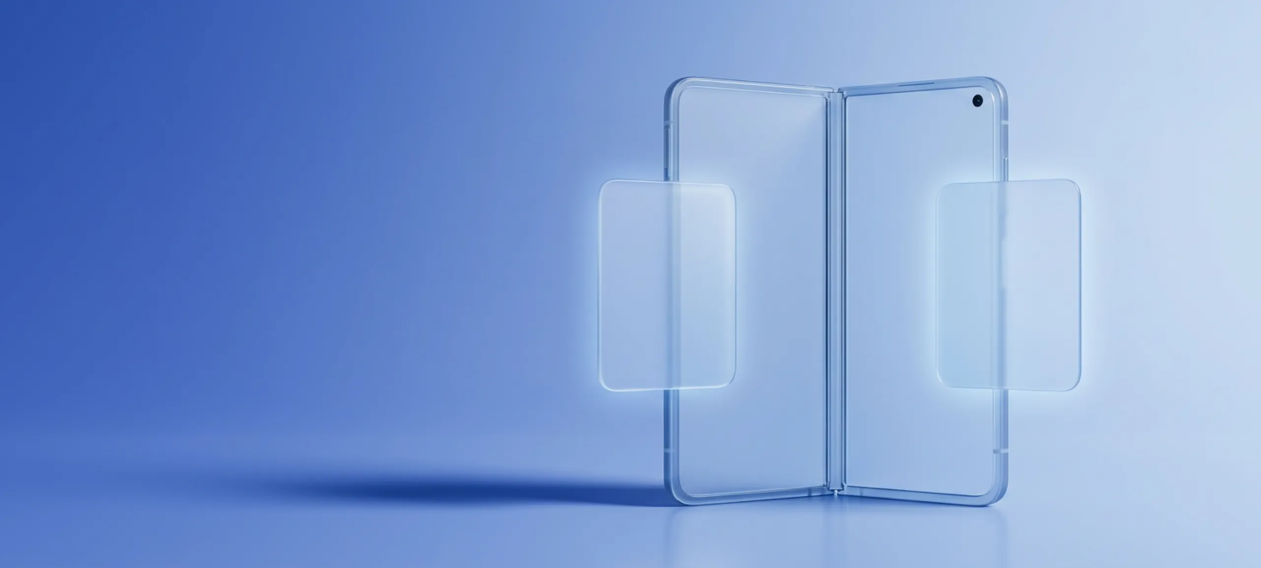 Glass foldable Duo phone opened like a book, with two glowing app windows beside its halves, on a Tapptic blue background