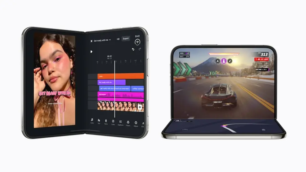 Two half-folded Duo foldable phones showing a video editing app and a racing game