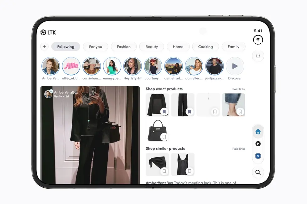 LTK app showing a creator video next to the featured products on the Duo