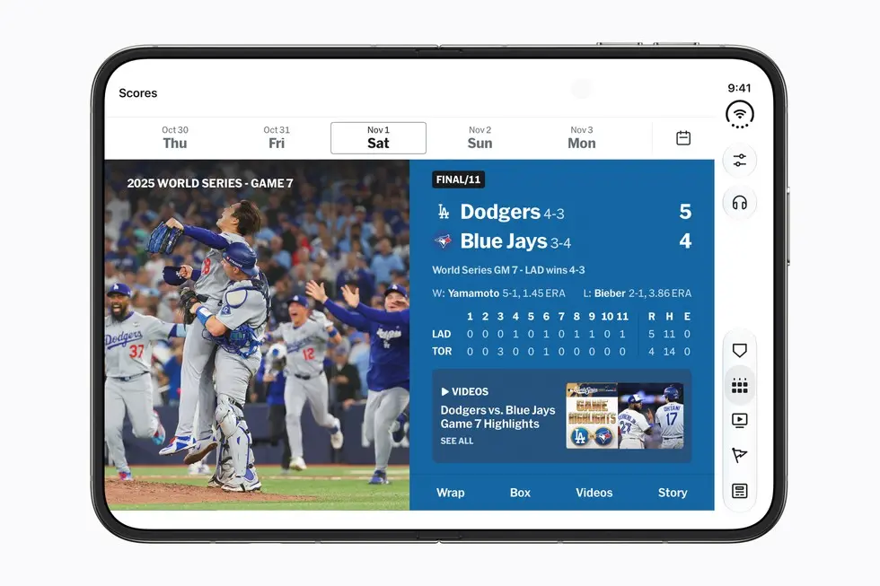 MLB app showing World Series information across the open Duo inner screen