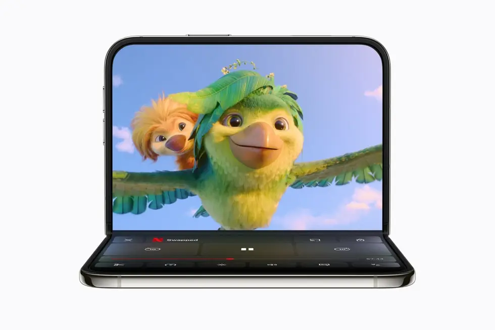 Netflix playing an animated show on a half-folded Duo foldable phone