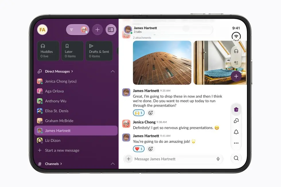 Slack workspace with channels and threads on the open Duo foldable screen
